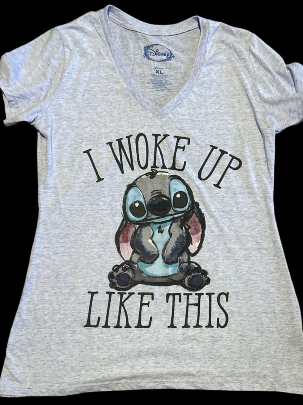 Disney Lilo & Stitch V-Neck Graphic T-Shirt XL Gray I Woke Up Like This